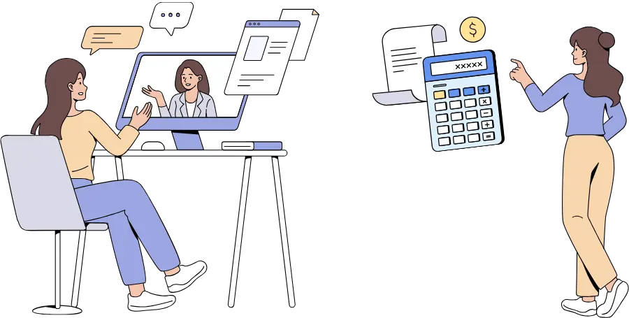 cost_mobile 占い詐欺や副業詐欺の返金について弁護士へオンライン相談し、明朗会計で安心して費用説明を受けられる様子を示すイラスト